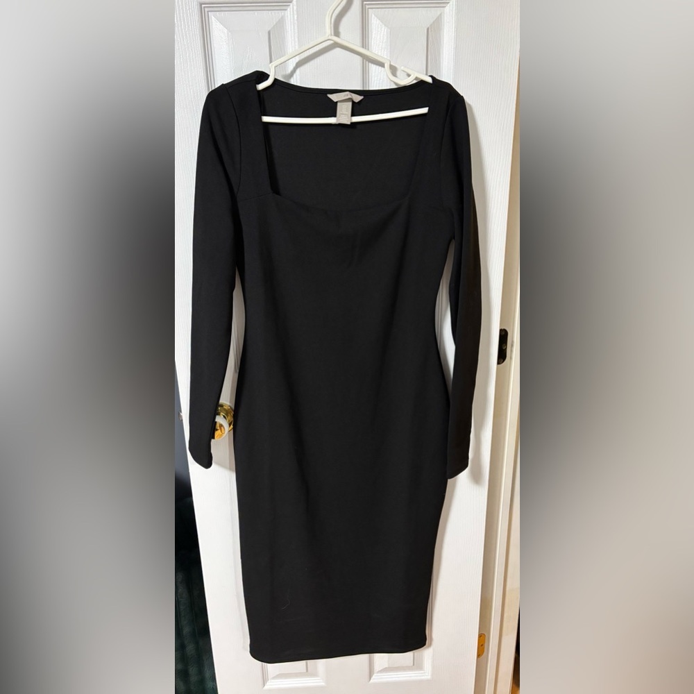 H&M Black Sheath Long Sleeve Cocktail Square Neck Dress